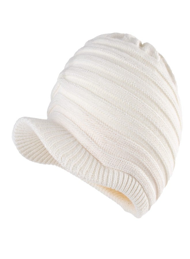 LANGZHEN Unisex Winter Hats with Visor Warm Ski Hat Stylish Knitted Hat for Men and Women(Off-White -Striped) - Image 1